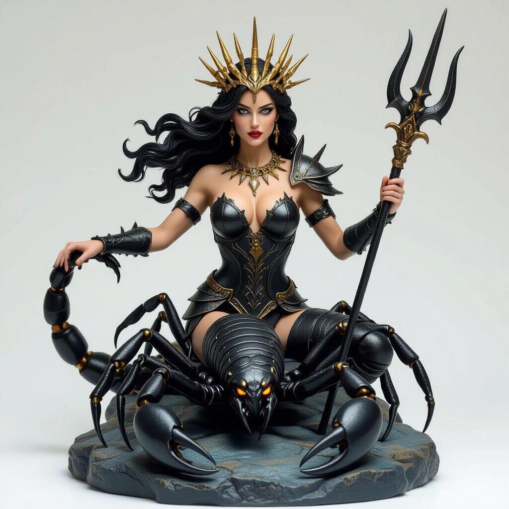 Resin statue depicts a goddess inspired by Scorpio. The upper half has human features and detailed armor. The lower half resembles a giant scorpion with articulated legs. The figure holds a spear and sits on a rock throne. Her crown is made of golden spikes. She has a strong presence and piercing gaze. The color scheme features black and gold against a dark background with a starry sky.