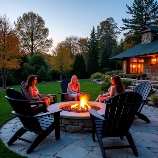 Photograph of a serene outdoor scene at dusk focusing on a circular stone fire pit. Three women enjoy their time together in Adirondack chairs. Fire pit features gray stone and warm orange flames. Surrounding area landscaped with lush green lawn, autumn trees, and a cozy house.