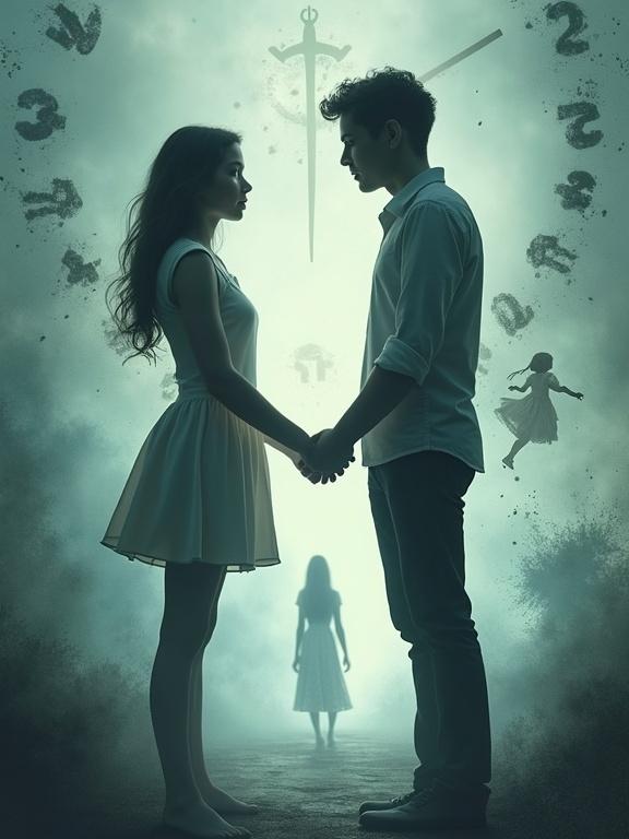 Young couple stands in profile reaching for each other. Background features dreamlike elements like broken clocks and faint figures. Soft lighting with muted tones creates an ethereal atmosphere. Suggested for illustrating themes of dreams, love, and mystery.