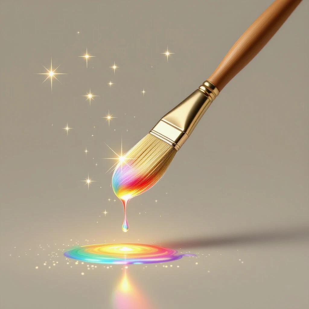 A magical artist's paintbrush is held with a wooden handle. The tip glows with soft golden light. A single droplet of rainbow-hued paint is forming and starting to fall, leaving a sparkling trail. The background is light with subtle stars. There is soft fantasy lighting.
