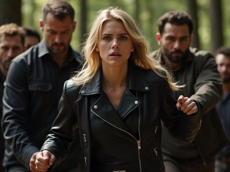 A young woman is in a sunny forest setting. She wears a black leather belted biker coat. Her expression shows fright. Several men surround her. They appear angry. Her body posture suggests distress. The woman is facing the camera. The lighting focuses on the woman's face. The overall style conveys drama and tension.