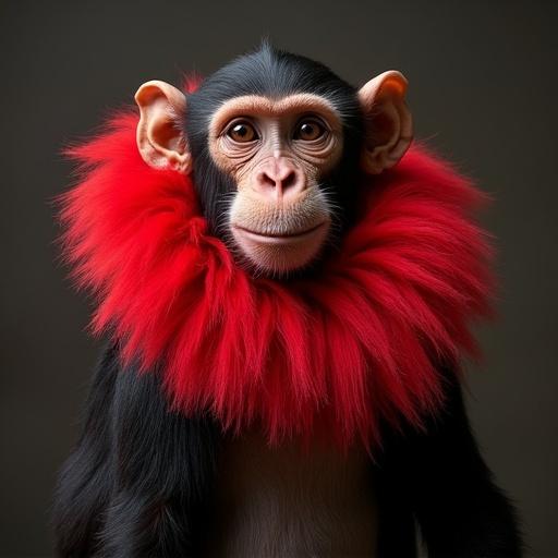 A monkey wears a huge red ruff. The monkey is depicted from the shoulders up. Background is simple and dark, focusing on the monkey's features. The ruff is bright and fluffy, contrasting with the monkey's dark fur.