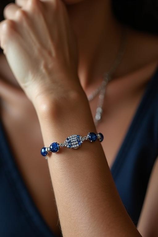 Close-up of a sapphire tennis bracelet worn on the wrist of a model. The bracelet has sapphire stones and intricate designs. Soft lighting highlights the elegance of the jewelry.