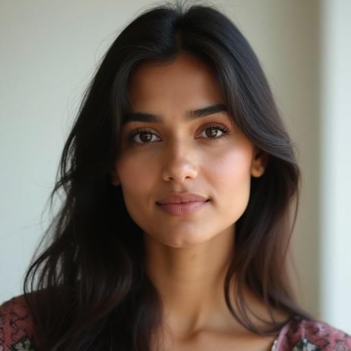Professional headshot of a young Pakistani woman. Age is 24. Expression is warm and neutral. Soft lighting creates eye catchlights. Blurred off-white backdrop with shallow depth of field. High-quality cinematic look highlights natural features.