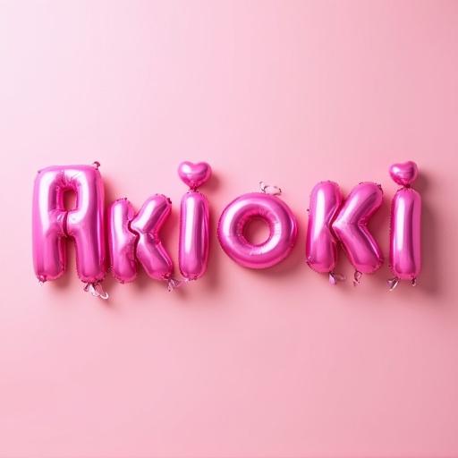 Image features the word 'Akioki' in large 3D balloon letters. The letters are vibrant pink and set against a pale pink background. Reflective texture resembles glossy plastic or inflatable objects. The visual effect is playful and bold.