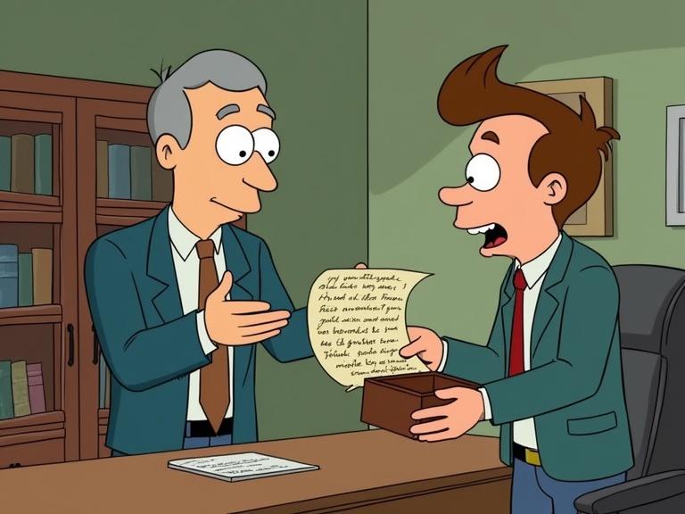Cartoon scene featuring a man in his fifties handing a small wooden box to a young man who excitedly opens it to find a letter in old handwriting inside.