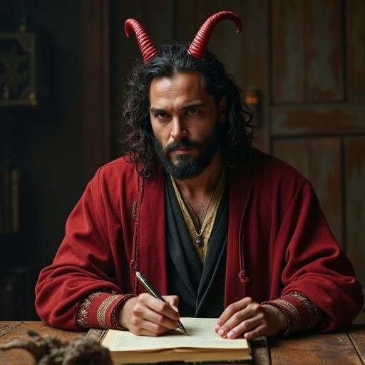 Man with horns and dark hair sitting at a wooden table in a dim room. He appears deep in thought, surrounded by ancient books and a pen. Behind him stands a devil in a suit, with sharp features and yellow eyes. The atmosphere is dark and ominous, resembling a renaissance painting.