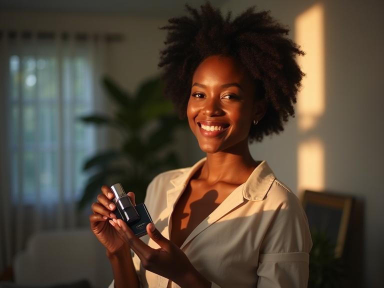 Spotlight shines on a happy confident black customer holding a skincare product in the foreground. Warm soft lighting creates a welcoming atmosphere.
