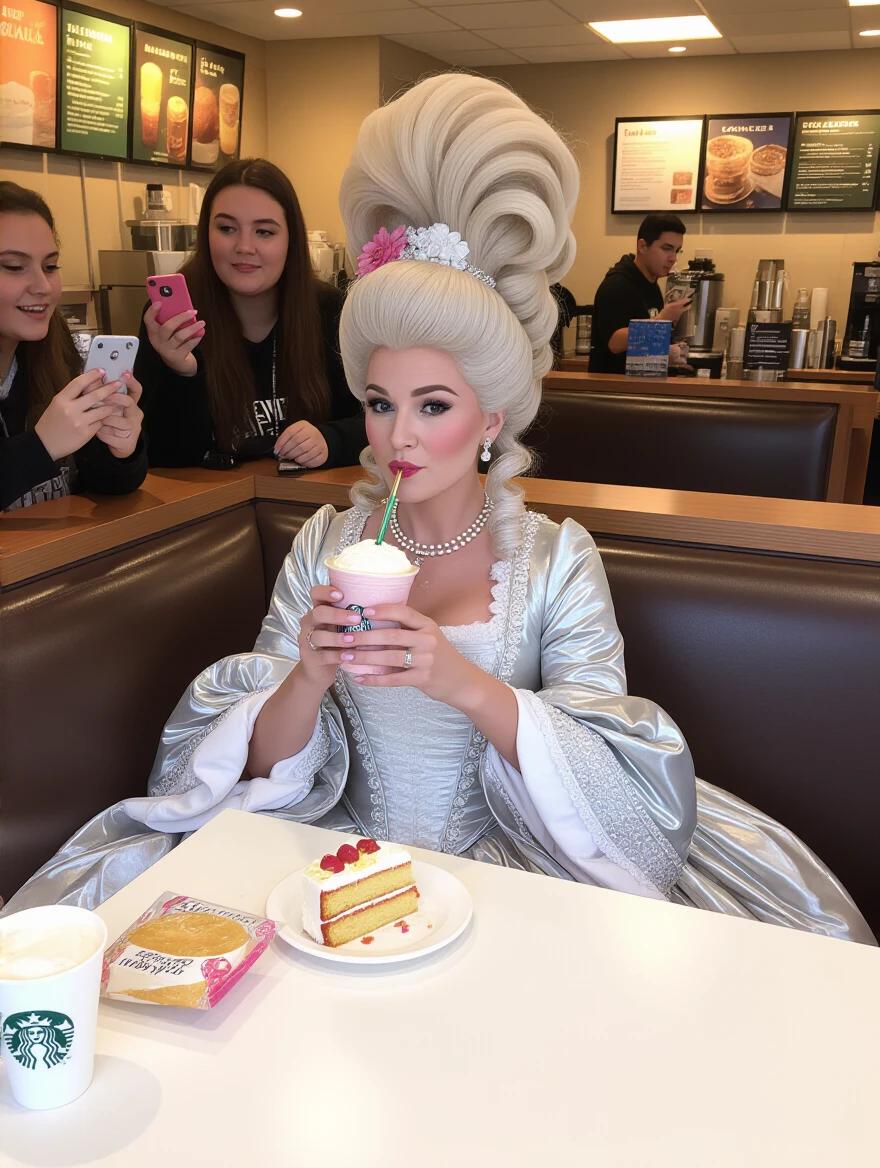 Marie Antoinette dressed in a powdered hairstyle and silver brocade gown in a Starbucks. She drinks a pink Frappuccino with a gold straw and eats birthday cake. Teenagers record TikToks. A barista announces her latte. Footmen hold trays of food. Spilled matcha latte by her feet. Security camera captures her smile. Harsh lighting contrasts with shadows from her dress. Mood reflects modern gluttony and consumption.