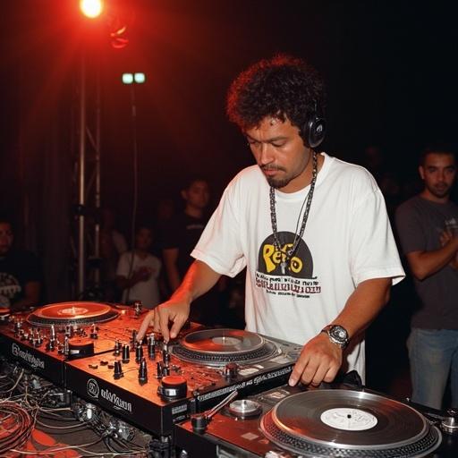 DJ Juan Manuel Villacres performing at the 1992 Ortofon World DJ Mixing Championships. He is using two turntables next to each other. Mixer positioned on the left side. The DJ showcases advanced turntable tricks at high speed.