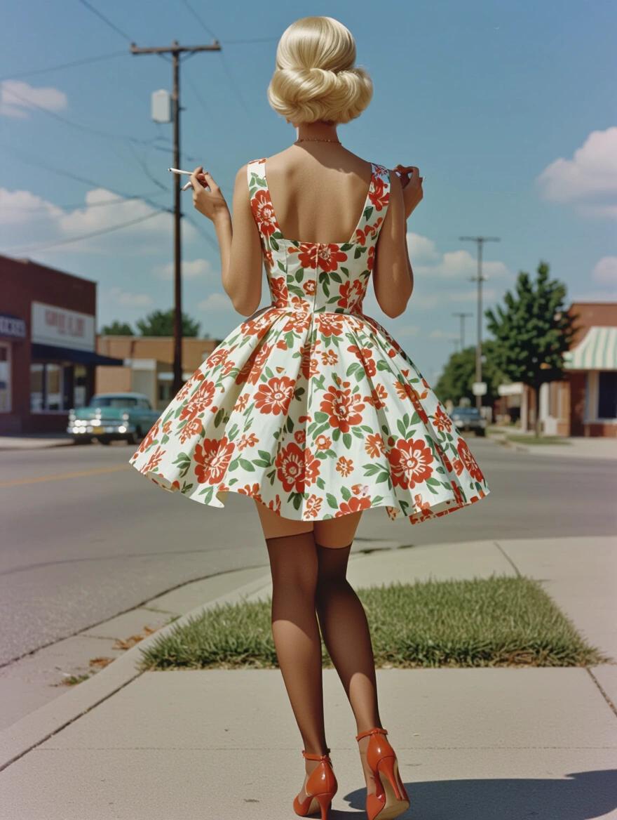 Back view of a woman with platinum blonde hair styled in an updo. She holds a cigarette and wears a floral sundress. The dress has a flared skirt. Long legs are visible with brown stockings and high heels. Wind lifts the dress slightly. She stands on a sidewalk in a small town.