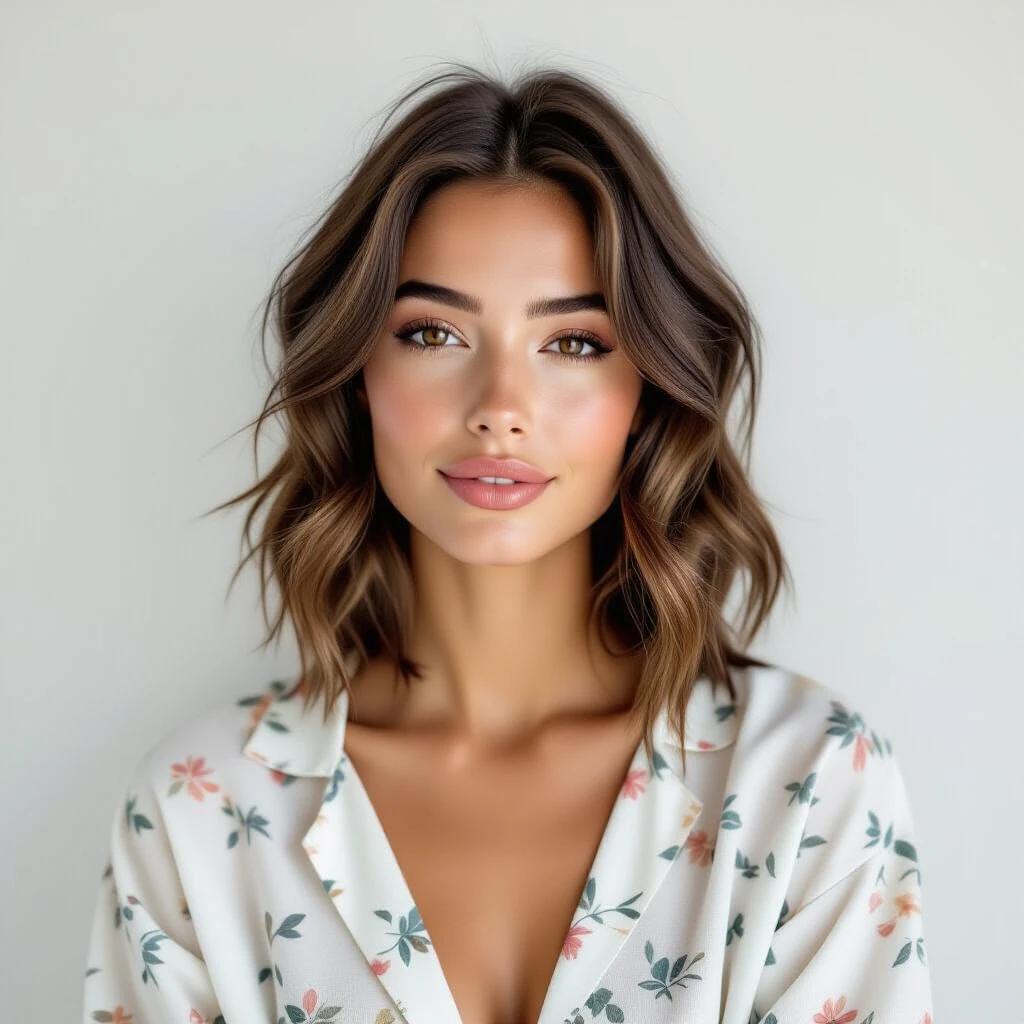 Portrait of an influencer with shoulder-length hair. Wearing light pajamas with floral patterns. Soft and warm ambiance. Looking slightly at the camera, with a confident smile.