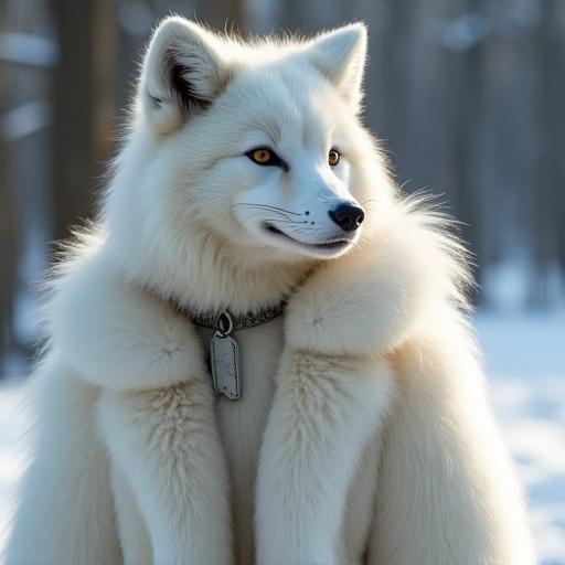 A woman is depicted wearing a coat that resembles the fluffy fur of a polar fox. The coat is thick and luxurious, mimicking the animal's snowy white fur. The scene is set in a winter environment, highlighting the coat's warmth and style.