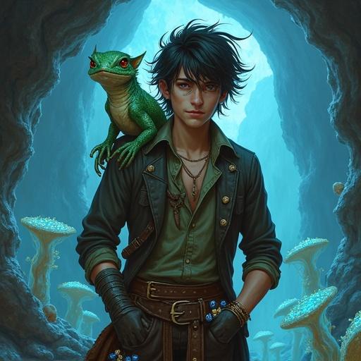 Concept art depicting a young male cavern elf alchemist in a dim city. He has dark hair and pointy ears. Sly grin with mismatched alchemical gear. A glass salamander is perched on his shoulder. Pockets are full of dice and coins. Whimsical and comedic atmosphere with a cave setting.