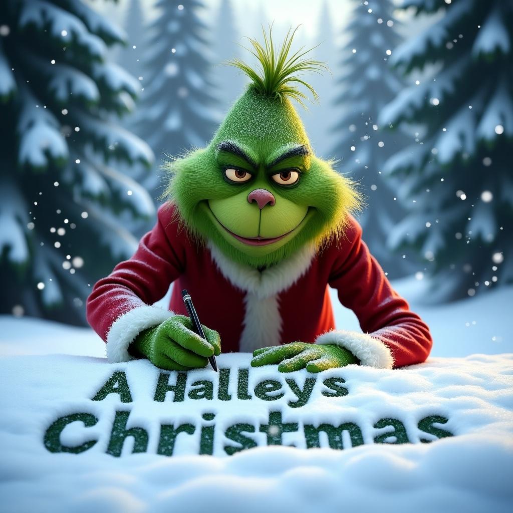 The Grinch in a red suit writes in fresh snow. He smiles as snowflakes fall around him. The text 'A Halleys Christmas' is in the snow. Snow-covered trees surround the scene. Captures holiday magic.