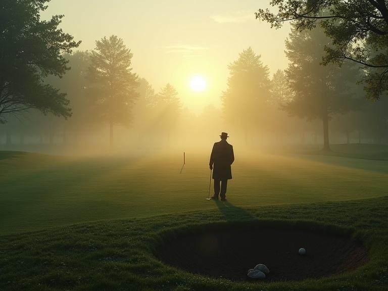 Misty French golf course at dawn shows a freshly dug grave hidden among dew-covered fairways. A second identical corpse increases mystery. Hercule Poirot stands contemplatively as the rising sun casts long shadows. The atmosphere is thick with secrets and deception.