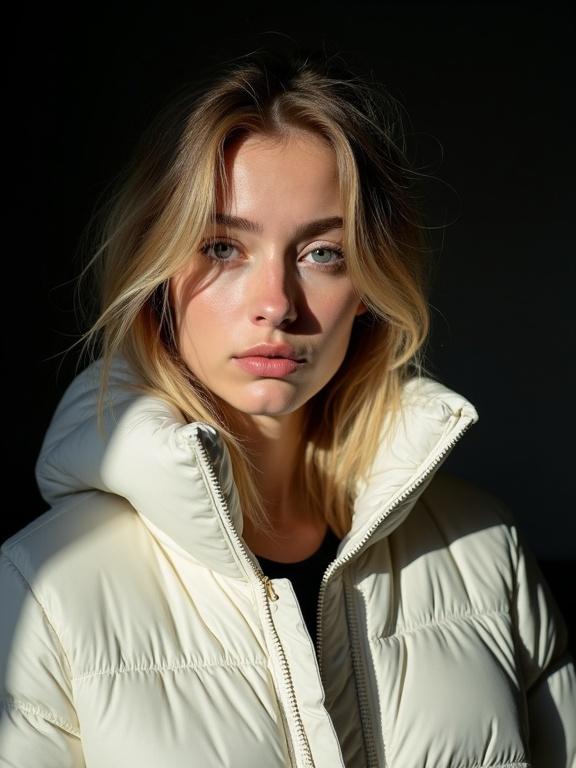 Photograph of a young woman with light skin and blonde hair. Wearing white winter jacket. Dramatic sunlight casting shadows on face. Highlighting blue eyes and pink lips. Expression is thoughtful with melancholic look. Dark, minimalistic background focusing on face.