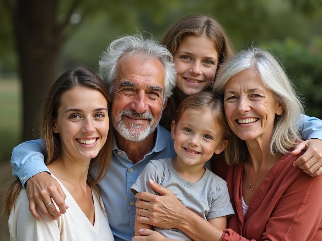 Picture illustrating a family of five people. Left side features a young woman with two family members behind her. Right side showcases an older woman with another family member behind her. Setting emphasizes an outdoor environment. Family appears joyful and connected.