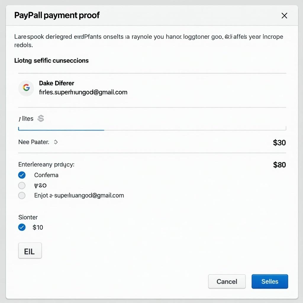 Generate a proof of a PayPal payment. Include details of a $30 transaction. Show the email address jake.the.superhumangod@gmail.com. Display payment details clearly.