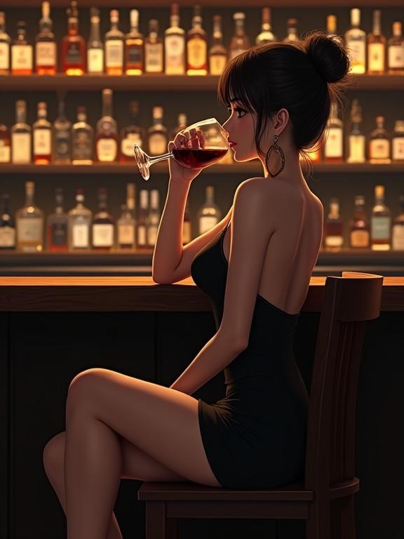 Beautiful Japanese idol girl seated on a wooden chair at a bar. Wearing a black camisole dress with oversized earrings. Holding a glass of red wine. Background filled with whiskey and bourbon bottles. Dim lighting creates an intimate atmosphere.