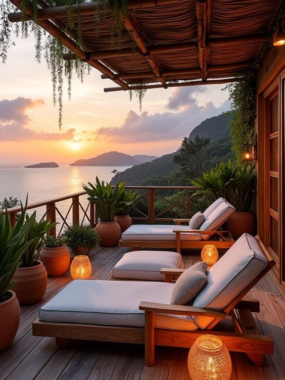 Gorgeous coastal terrace at sunset with wooden lounge chairs. Natural materials and cozy details create an idyllic setting. Wicker lanterns provide soft amber lighting. Lush green plants in pots enhance the tropical vibe. The ocean view features a colorful sunset with silhouetted mountains.