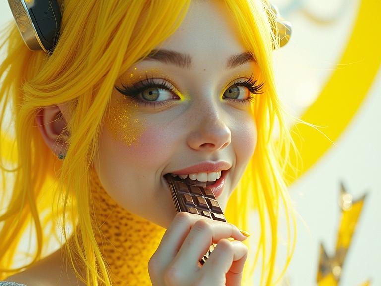 Bright surrealism art. Close portrait of a happy young woman with long glowing yellow hair and platinum white skin. She eats a chocolate bar while smiling. Background has bright white space with black points like stars. There is a black and yellow sun. Yellow stained glass covers her skin, extending outward. Neon geometric shapes rise from the ground.