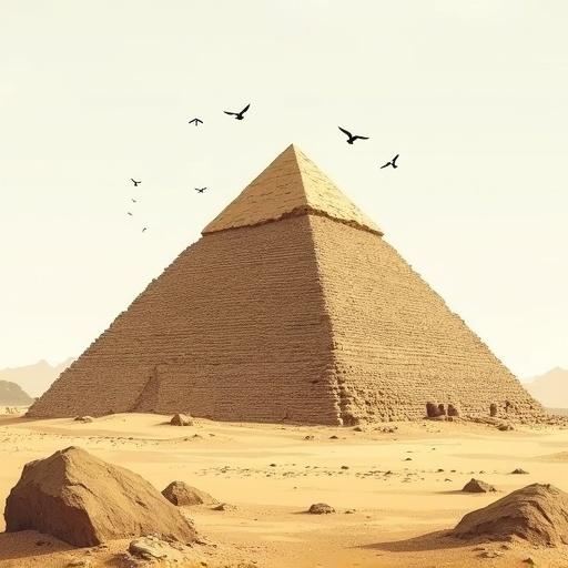 A large Egyptian pyramid stands alone in a desert landscape. The drawing highlights the texture of the stone blocks with variations and signs of erosion. The foreground consists of sand and scattered rocks. Some birds fly in the sky above the pyramid. The style is realistic and detailed, emphasizing the monumentality and isolation of the structure.