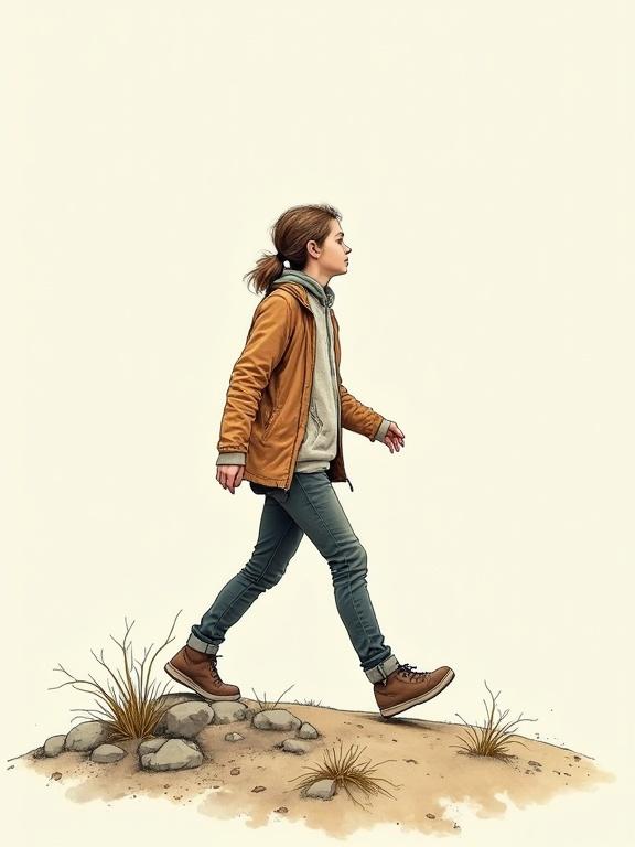 Hand-drawn illustration of a child walking on a natural landscape. Expressive lines and subtle shading create a detailed scene with an organic and elegant composition. The vintage illustration aesthetic features a soft color palette with watercolor accents.