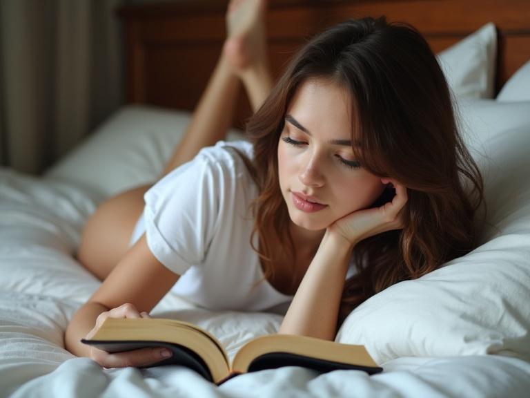 Woman with brown hair lying in bed. She reads a book. She wears a white t-shirt and panties. Bare feet rest on bed linens. Scene captures photorealistic details.