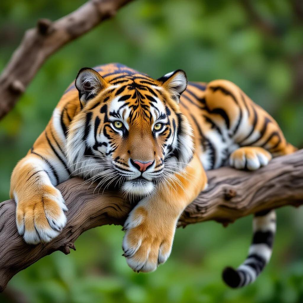 A tired tiger lies relaxed on a thick branch displaying its vibrant orange and black stripes against a blurred green background.