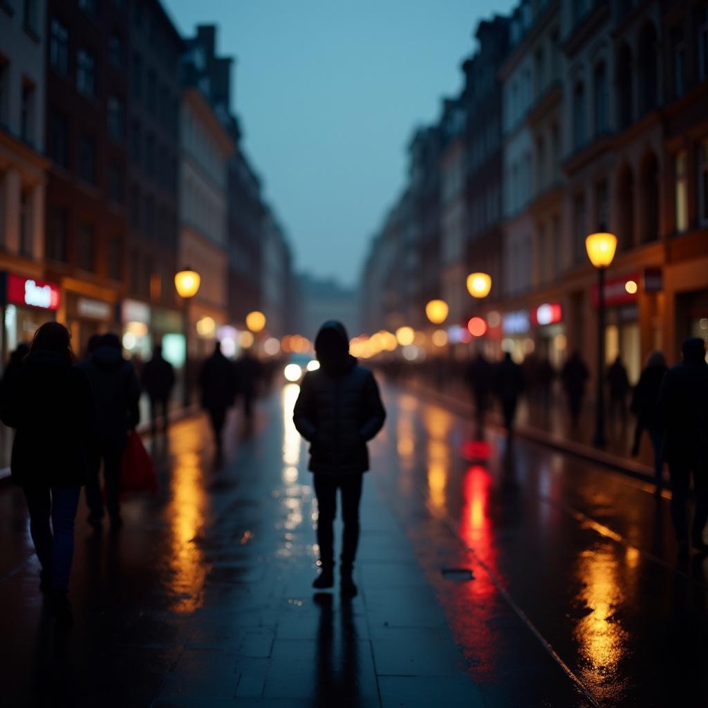 Photo of busy street in Brussels. Moody light during rainy day. Blurry city lights in background. Low angle shot. Photo realistic and cinematic. Taken by Canon EOS R5.