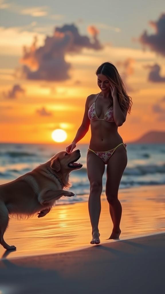 A woman in a bikini walks on the beach with a dog at sunset.