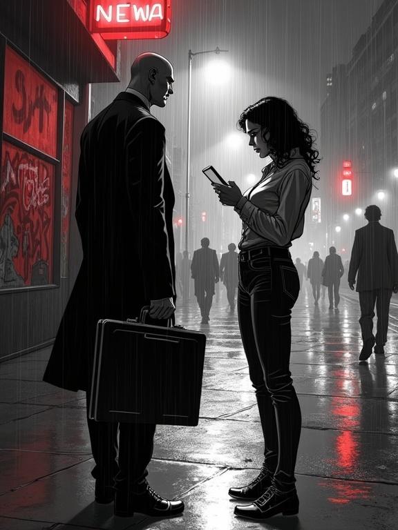 Gritty comic book scene in Buenos Aires 2025. Mysterious man in black suit and long coat stands under flickering streetlamp. Holds briefcase and glowing tablet. Young woman opposite him, short, anxious, with curly dark hair, jeans and tie shirt. Thick tension in air. Background has wet sidewalks, neon reflections, blurred silhouettes, graffiti. High-contrast black and white with red highlights. Noir mood with deep shadows and rain textures. Surreal atmosphere, strong chiaroscuro.