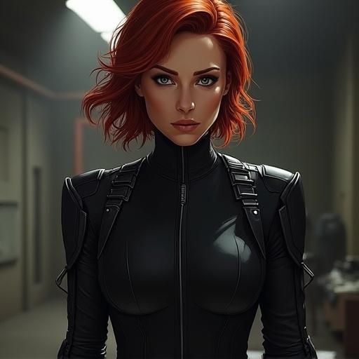 A character resembling a female superhero, wearing a black tactical suit with red hair, portrayed in a realistic style. Background includes a minimalistic environment hinting at a high-tech setting.