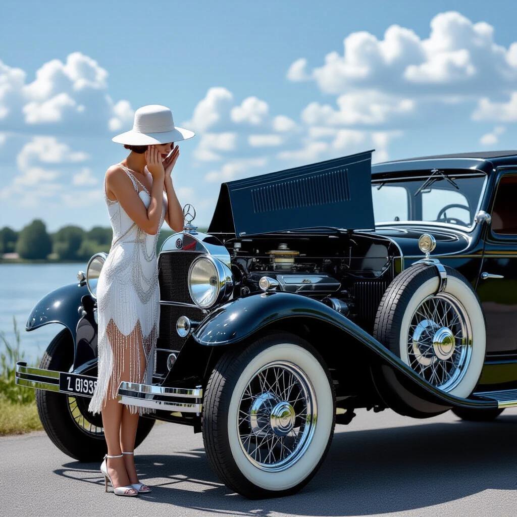 Art Deco socialite in cloche hat and beaded dress next to vintage Mercedes-Benz 18/100 PS Sportwagen. Woman leans over left side fender with palms on cheeks. Hood opened revealing engine obscured by steam. Shot taken during golden hour. Misty mountains in background.