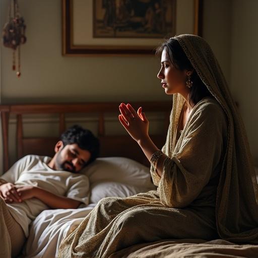 A Pakistani woman in traditional attire sitting on the bed. She is praying with her hands raised. Her eyes show hope and sadness. A man lies beside her, relaxed. The bedroom reflects typical Pakistani decor with soft lighting. The scene captures emotional depth and cultural significance.