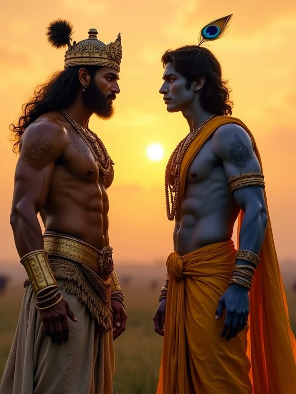 A dramatic scene on the battlefield of Kurukshetra. Golden-orange sunset illuminates the sky. Two figures face each other in deep conversation. Karna wears golden armor and a crown, showing shock and inner conflict. Lord Krishna stands calmly in a yellow silk dhoti with a peacock feather. The atmosphere conveys sorrow, loyalty, and divine fate.