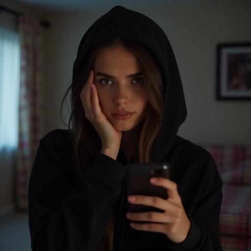 Cute petite brunette in a black hoodie slightly covering cheek with one hand holding phone in a dark bedroom with a blurry effect