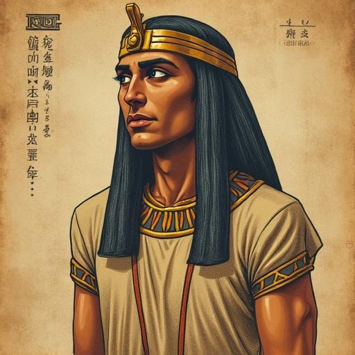 Illustration of a man with a highlighted Egyptian nose. The style is vintage with pencil drawing techniques. No bright colors, using flat colors instead. Background resembles an ancient manuscript. The man has big, outstanding eyes and there are outlined edges. No contemporary elements are present, using only muted colors for an overall canvas texture.