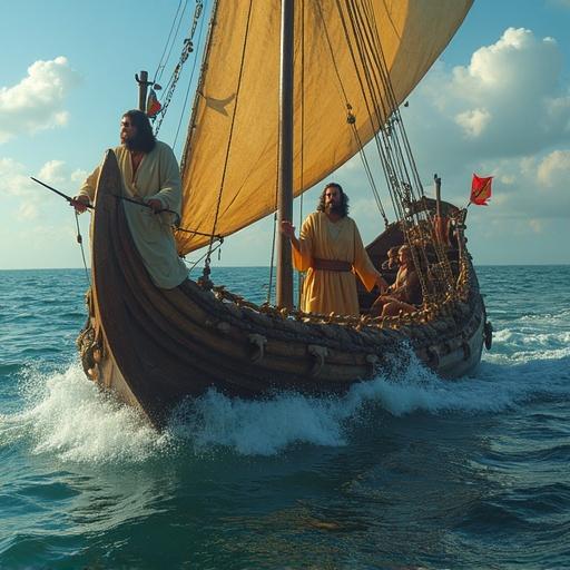 Scene features Jesus and two companions in a fishing boat with many fish caught in the net on the right side. Superrealistic style captures intricate details.