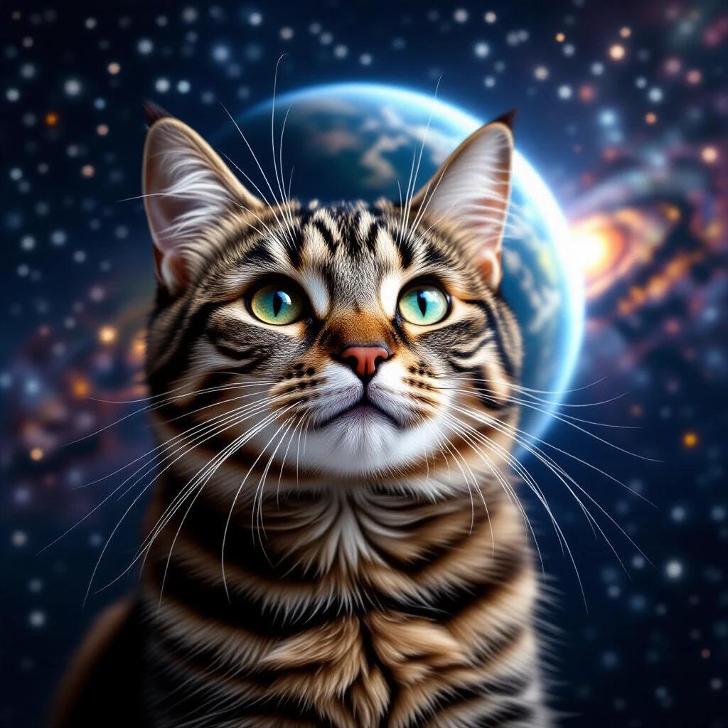 A cat is depicted in a cosmic environment. The cat has striking green eyes and detailed fur with a universe backdrop featuring stars, galaxies, and a visible planet. It gazes thoughtfully into space.