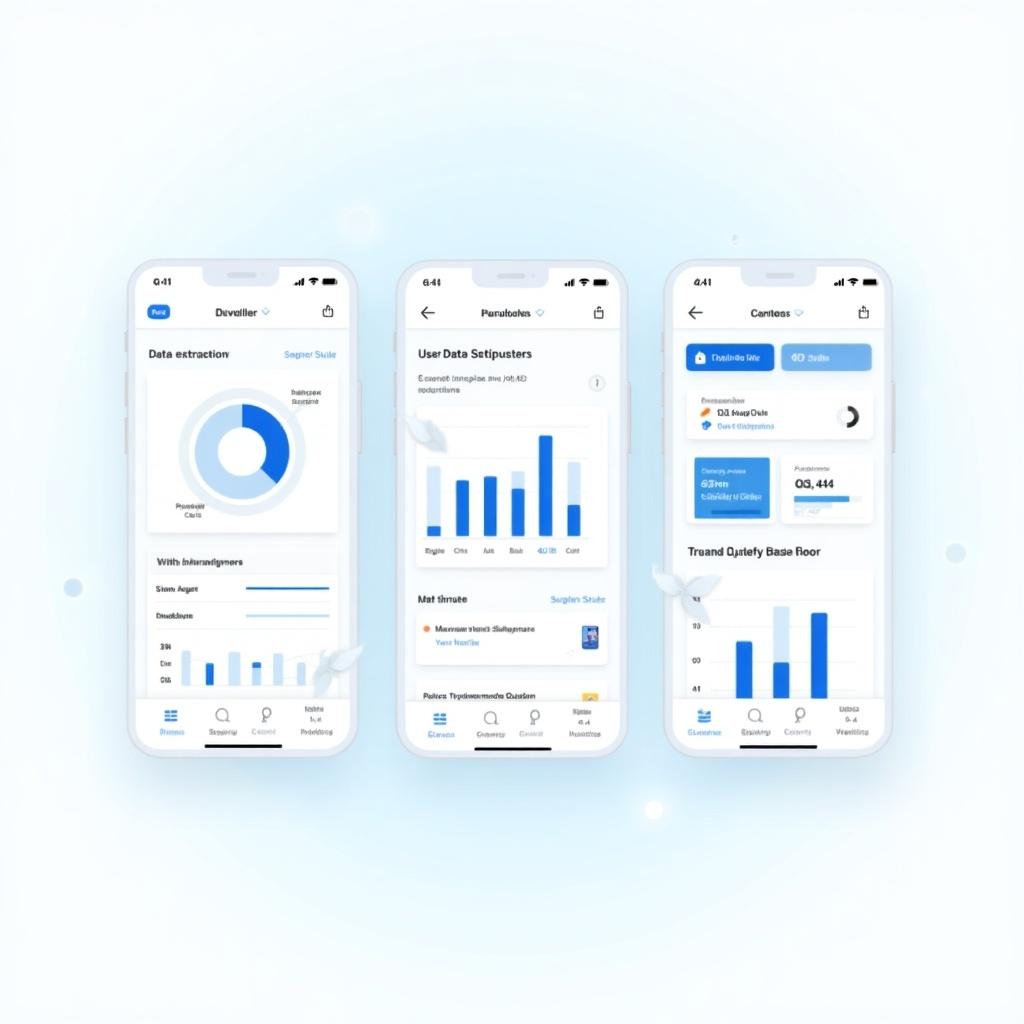Image showcases a mobile application interface focused on data extraction and analytics. Three screens on smartphones display user-friendly designs. Screens contain graphs, statistics, and user data representations. Emphasizes clean and accessible layout. Color scheme combines blue and white elements, creating tech-savvy feel.