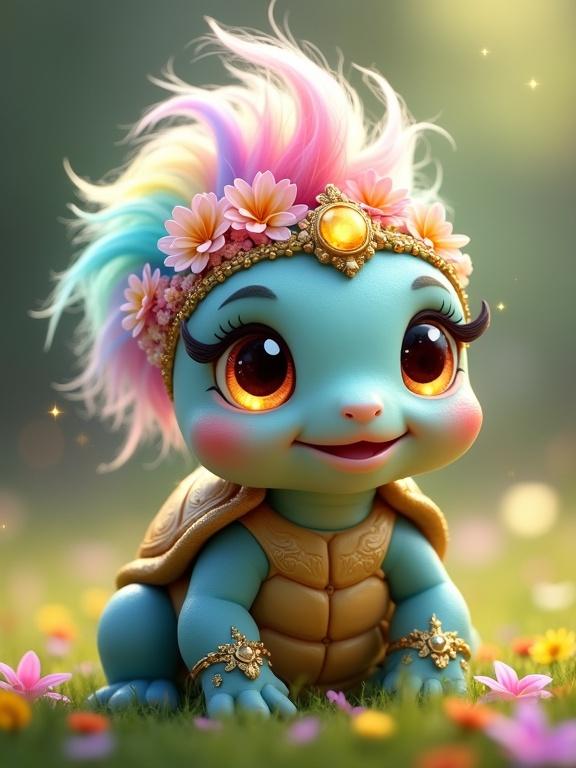 A whimsical baby turtle creature with fairy qualities. Aqua-blue skin with a soft shimmer. Fluffy pastel rainbow hair in a mohawk style. Large amber-orange eyes with sparkling reflections. Golden-brown turtle shell with ornamental patterns. Floral crown with daisies and jewels. Seated posture with a joyful, playful expression. In a vibrant meadow filled with flowers. Warm golden lighting and rainbow background.