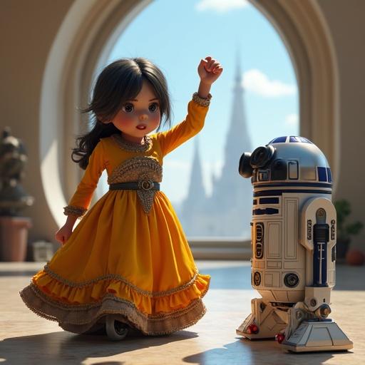 Doll in yellow futuristic dress poses with R2-D2. She raises her fist in an action pose. The background shows a futuristic room with natural lighting.