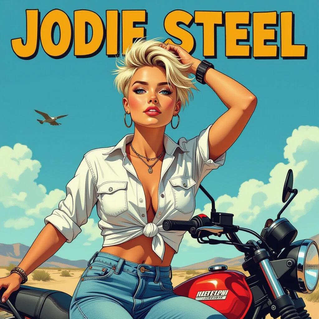 Comic-style image of young confident woman on motorcycle. Bright blue skies and mountains in background. Woman styled with punk-inspired short hair and wearing fashionable casual outfit. Energetic pose captures adventurous spirit.