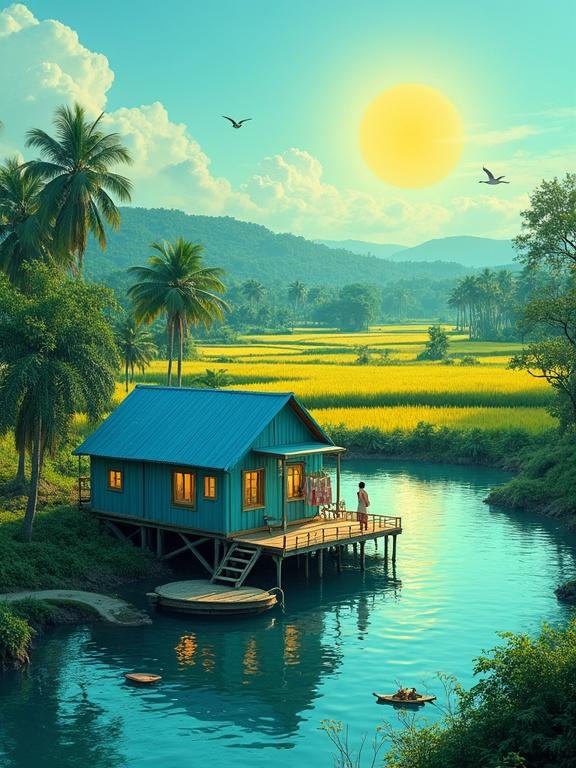 A charming teal house on stilts is situated by a calm water body. The bright sun shines overhead. Lush green rice paddies extend in the background. A person in a light dress stands on the dock. The scene is vibrant, peaceful, and evokes a rural lifestyle.