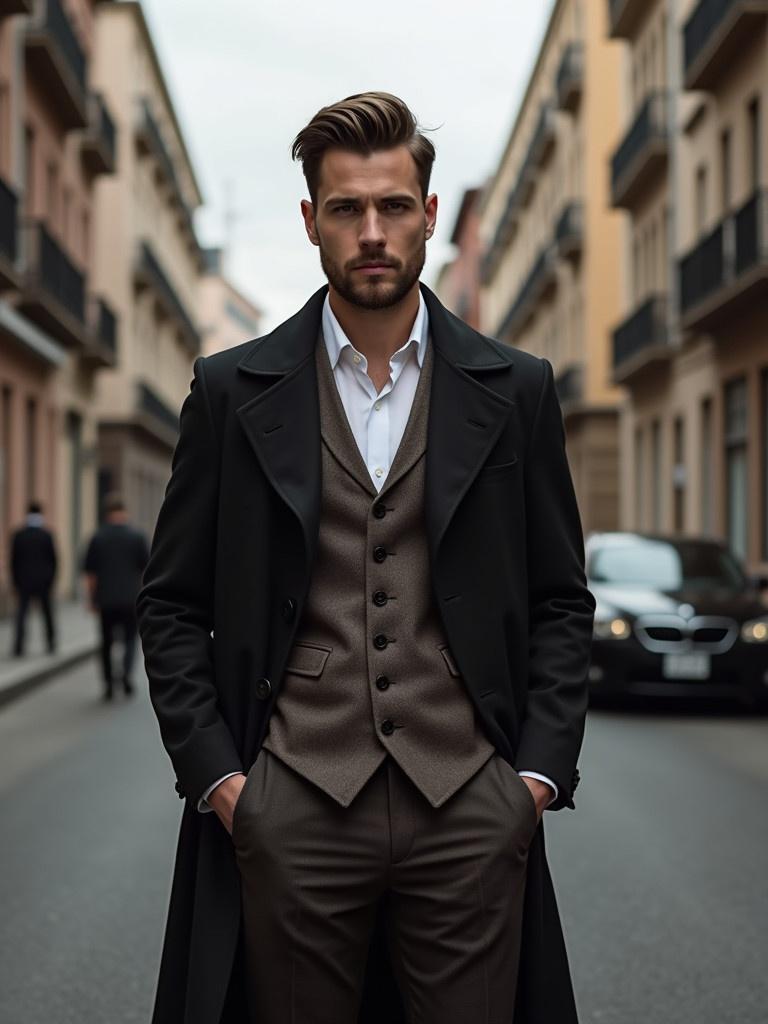 Image of a stylishly dressed man in a well-tailored coat and vest. The man stands confidently on a street. The background has vintage buildings. The atmosphere is moody with soft lighting.