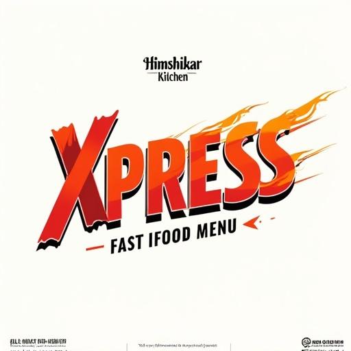 Design a wide-format presentation cover for fast food restaurant menu proposal. Clean energetic layout. Include smaller text for proposal. Emphasize 'XPRESS' in bold comic-style font. Use vibrant colors with motion lines or flames. Complementary clean font for 'Fast Food Menu'. Friendly readable font for hours. Stylish minimal font for restaurant name. Light background design.