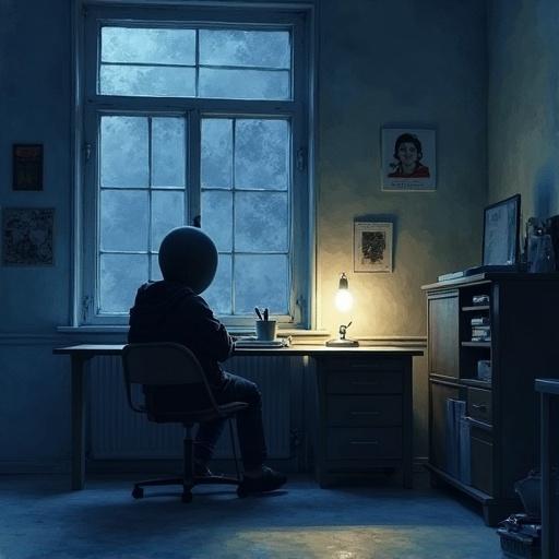 Create an album cover with a dark room. Show a faceless student sitting at a desk and looking at unfinished work. Capture an atmosphere of frustration. Use watercolors for the art style.