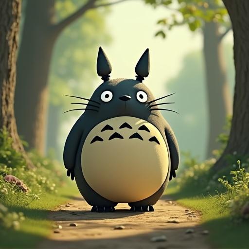 3D Totoro character standing on a forest path with a cheerful expression. The character has a rounded body, prominent whiskers, and minimalist facial features. The setting includes greenery and a well-defined path.